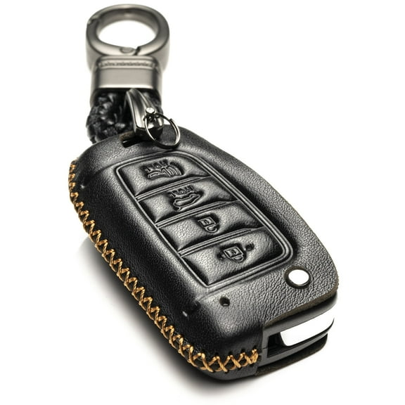 Vitodeco Genuine Leather Flip Key Fob Case Cover Compatible with Hyundai Accent, Kona, Santa Fe, Tucson, Venue, Sonata, Veloster 2018-2025 (4-Button, Black)