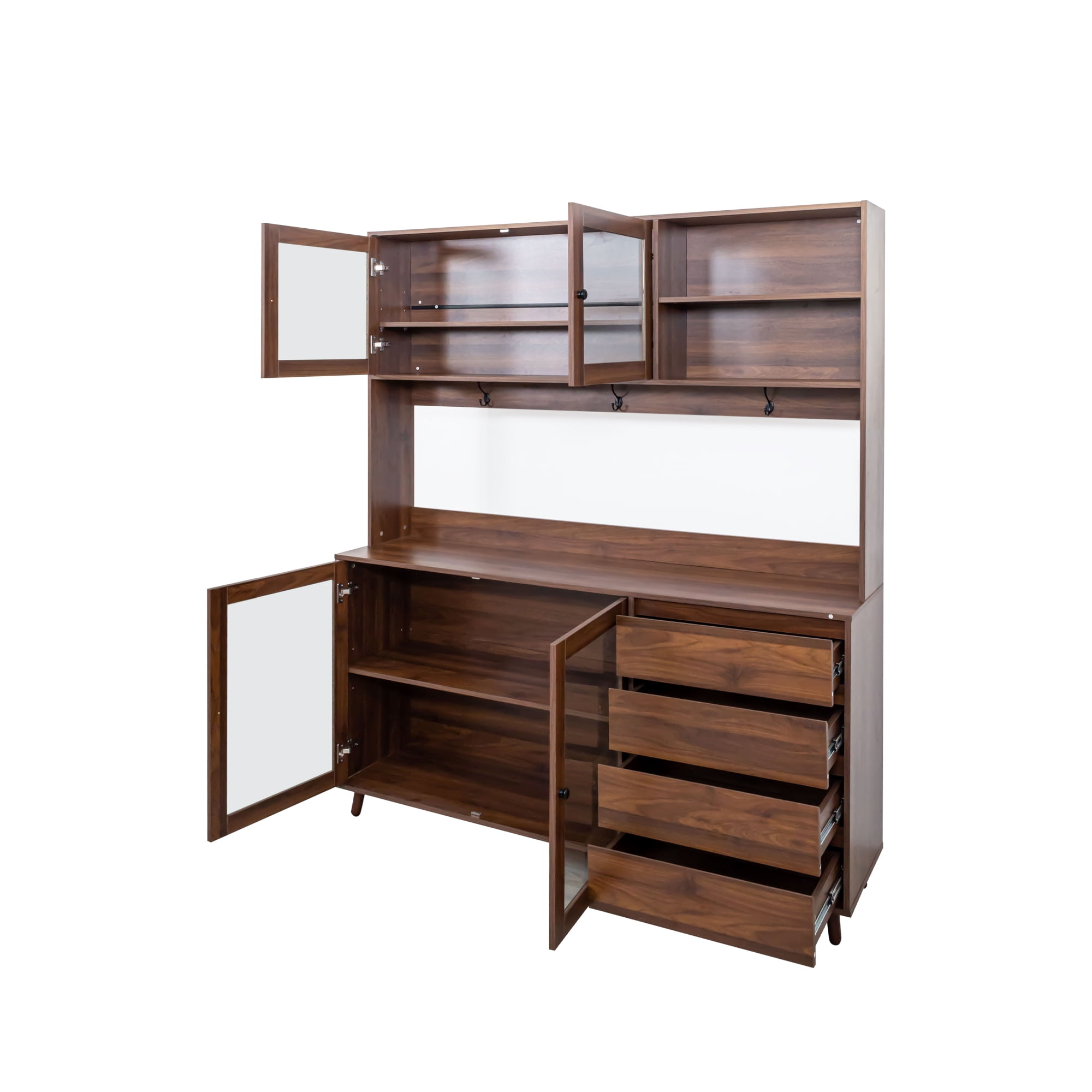 Aukfa Large Kitchen Hutch Cabinet, Pantry Cabinets w/ 4 Doors & Microwave Shelf, Walnut