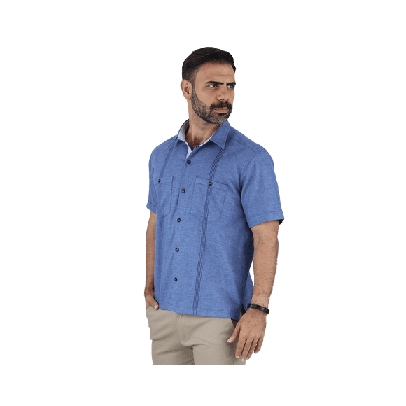 Camisa tipo Guayabera de manga corta para hombre marca Rams Cottons modelo Nales color Azul Jaspe con doble bolsa alforzada y textura de lino
