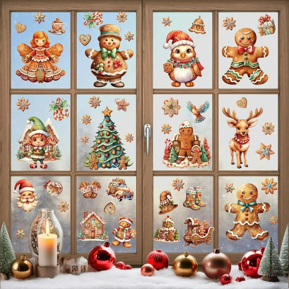 50Pcs Christmas Gingerbread Candy Reindeer Xmas Tree Snowflakes Window Clings Stickers, Double Side Removable Christmas Window Decorations for Glass Windows Xmas Holiday Home Office Party Decor ﻿