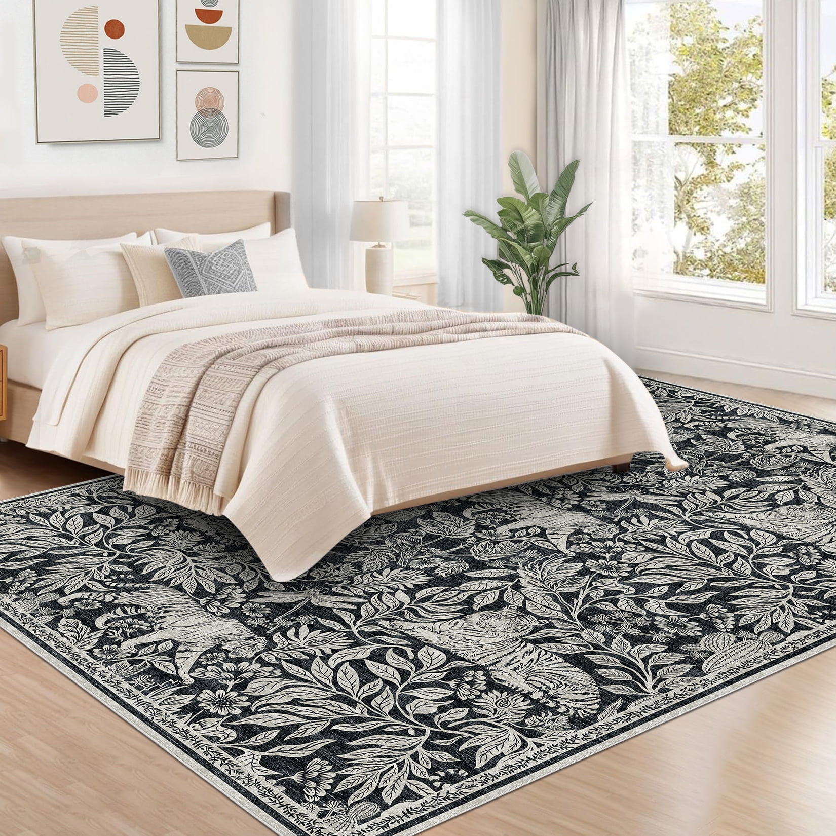 GlowSol 9'x12' Washable Area Rug Forest Tiger Print Area Rugs Vintage Rug Non-Shedding Stain-Resistant Rugs for Living Room Bedroom, Black