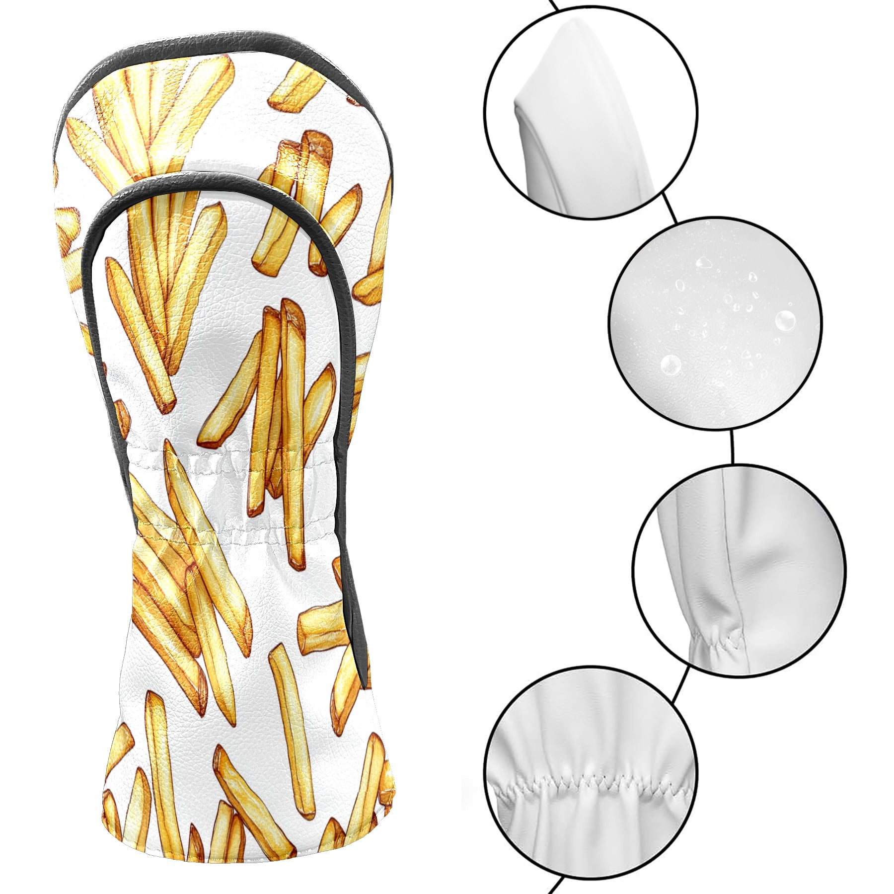 Golf Club Covers PU Leather Waterproof Head Covers for Fairway Woods Hybrids French Fries Pattern Unisex Fits Most Brands