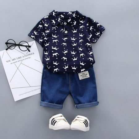 

Clearance Sale Summer Baby Boy Crown Print Short Sleeve Shirt Blouse+Denim Pants Sets Casual Outfits Clothes for Children s Sets