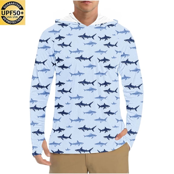 KIHOUT Men's UPF 50 Allover Graphic Printed Hooded Thumb Hole Long Sleeve Sun Protection Shirt, Quick Dry Cooling UV Block Outdoor Sun Shirt