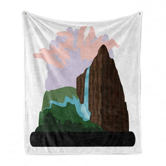 Landscape Soft Flannel Fleece Throw Blanket, Graphical Interpretation of Mountains and Waterfalls Nature Outdoor Scene, Cozy Plush for Indoor and Outdoor Use, 70" x 90", Multicolor, by Ambesonne