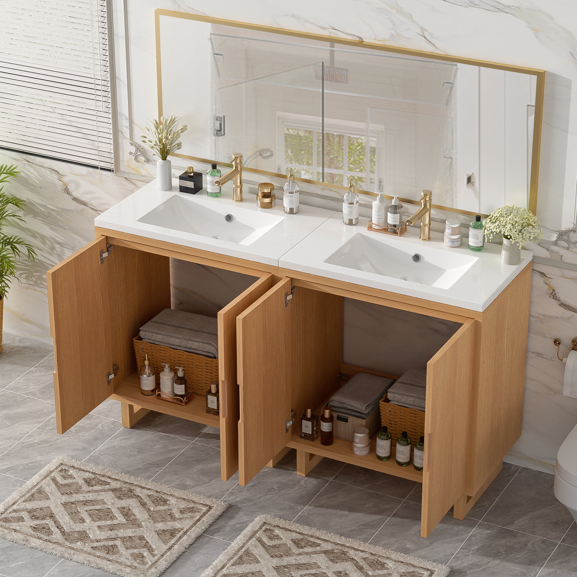 Euroco 60.2" Bathroom vanity Set with Sink, Combo Cabinet, Bathroom Storage Cabinet, Solid Wood Frame
