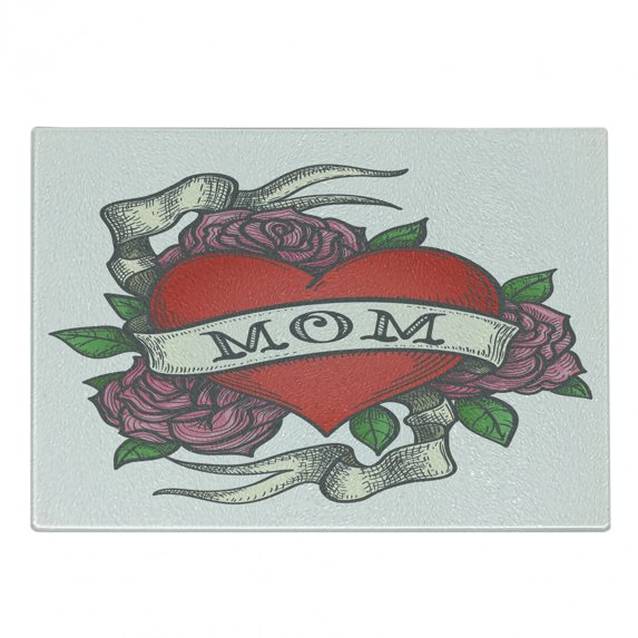 Old School Cutting Board, Simple Classic Tattoo Design Heart with Roses and Mom Lettering on Ribbon, Decorative Tempered Glass Cutting and Serving Board, in 3 Sizes, by Ambesonne
