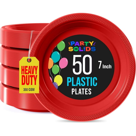 Party Solids Red Plastic Plates For Party Supplies 7" Red Disposable Plates Heavy Duty 50 Pcs Plastic Dinnerware Sets Heavy Duty 350 GSM Disposable Dinnerware Set