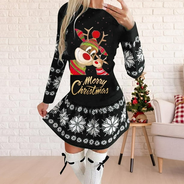 CAICJ98 Fall Dresses Ugly Merry Christmas Sweater Dress Reindeer Snowflake  Long Pullover Loose Oversize Xmas Sweatshirt Dress Black,XL 