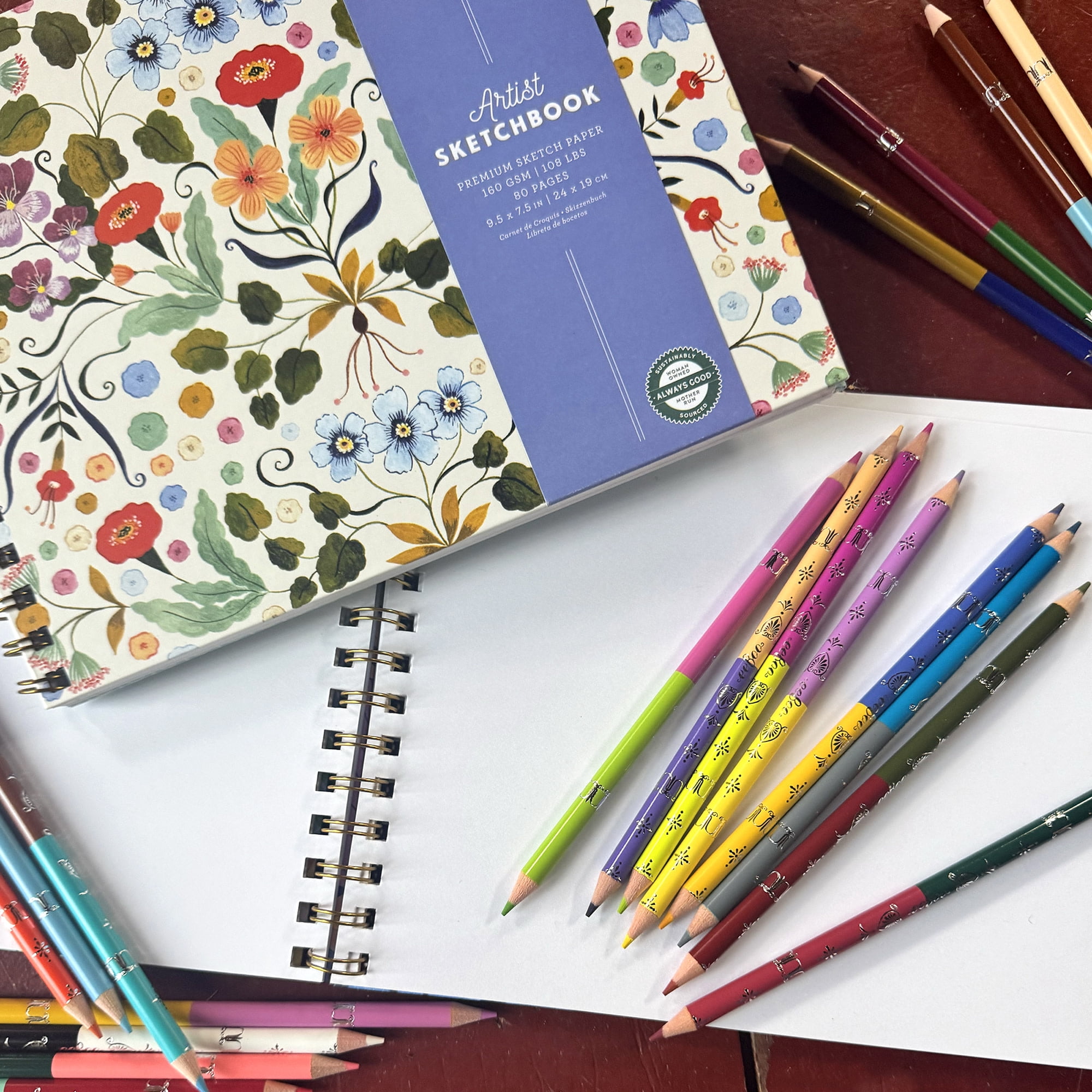 eeBoo Piece & Love: Artist Sketchbook - Flora's - 80 Pages, 9.5 x 7.5" Hardcover Spiral Book, 160 GSM, 108 LBS Drawing Paper, Cream w/ Flowers Cover