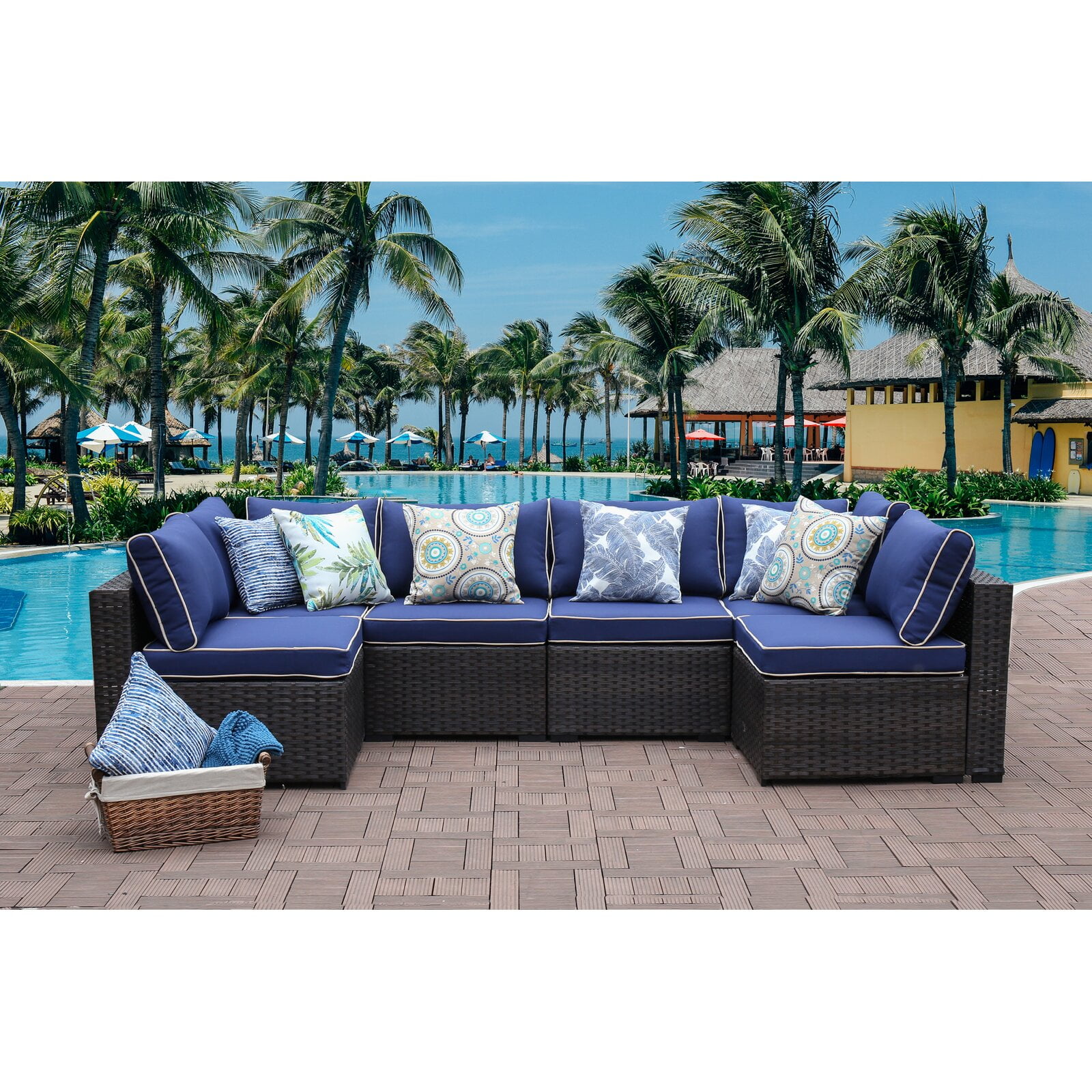 Holliston 3 piece rattan sectional seating group sale with cushions