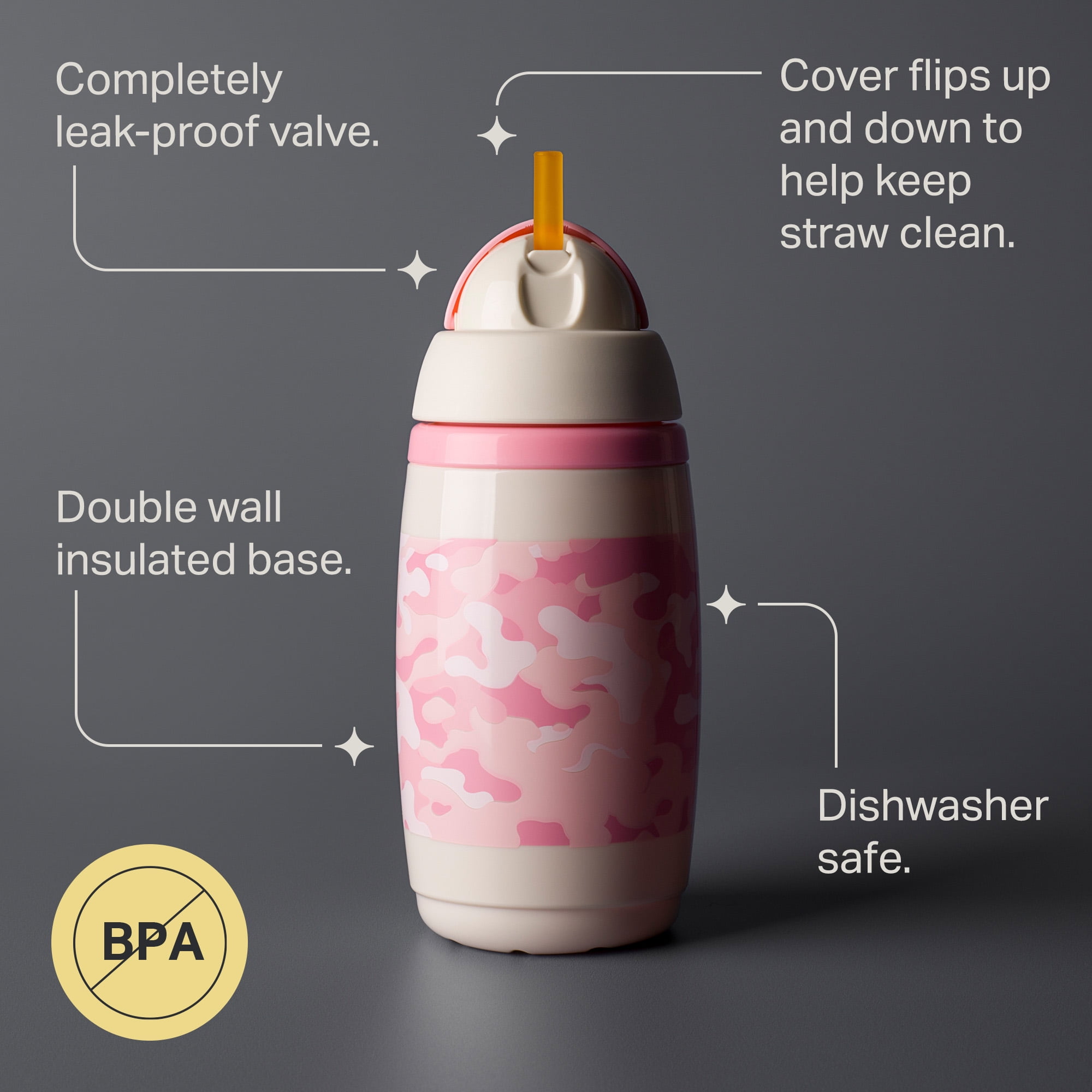 Tommee Tippee Insulated Active Straw Toddler Cup, 12m+, 9oz, Leak-Proof, Pink Camo, 1 Pack