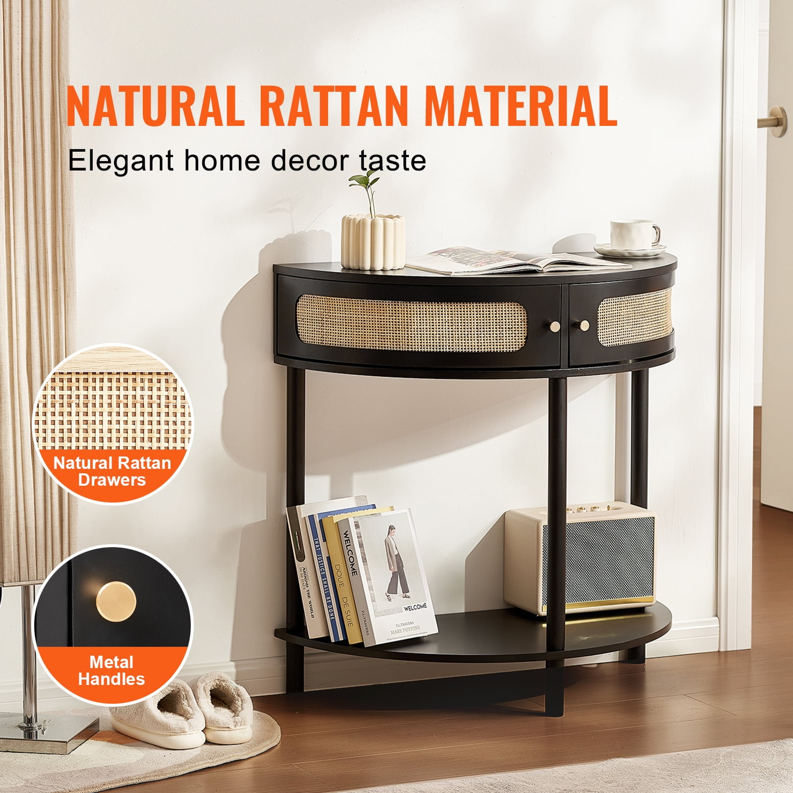 KFFKFF Semi-Circle Rattan Accent Table with Dual Drawers, Entryway Rattan Table Featuring Sliding Natural Rattan Door, Storage-Friendly Table for Lounge, Study, Foyer, or Media Wall, in Black