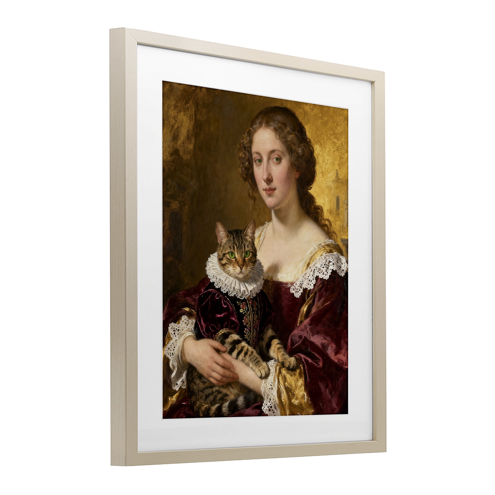 Stupell Industries Renaissance Lady with Regal Cat Birch Framed Print Under Glass, design by CAD Designs