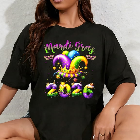 100% Cotton Unisex Happy Mardi Gras 2026 Jester Hat New Orleans Men Women Kid T-Shirt