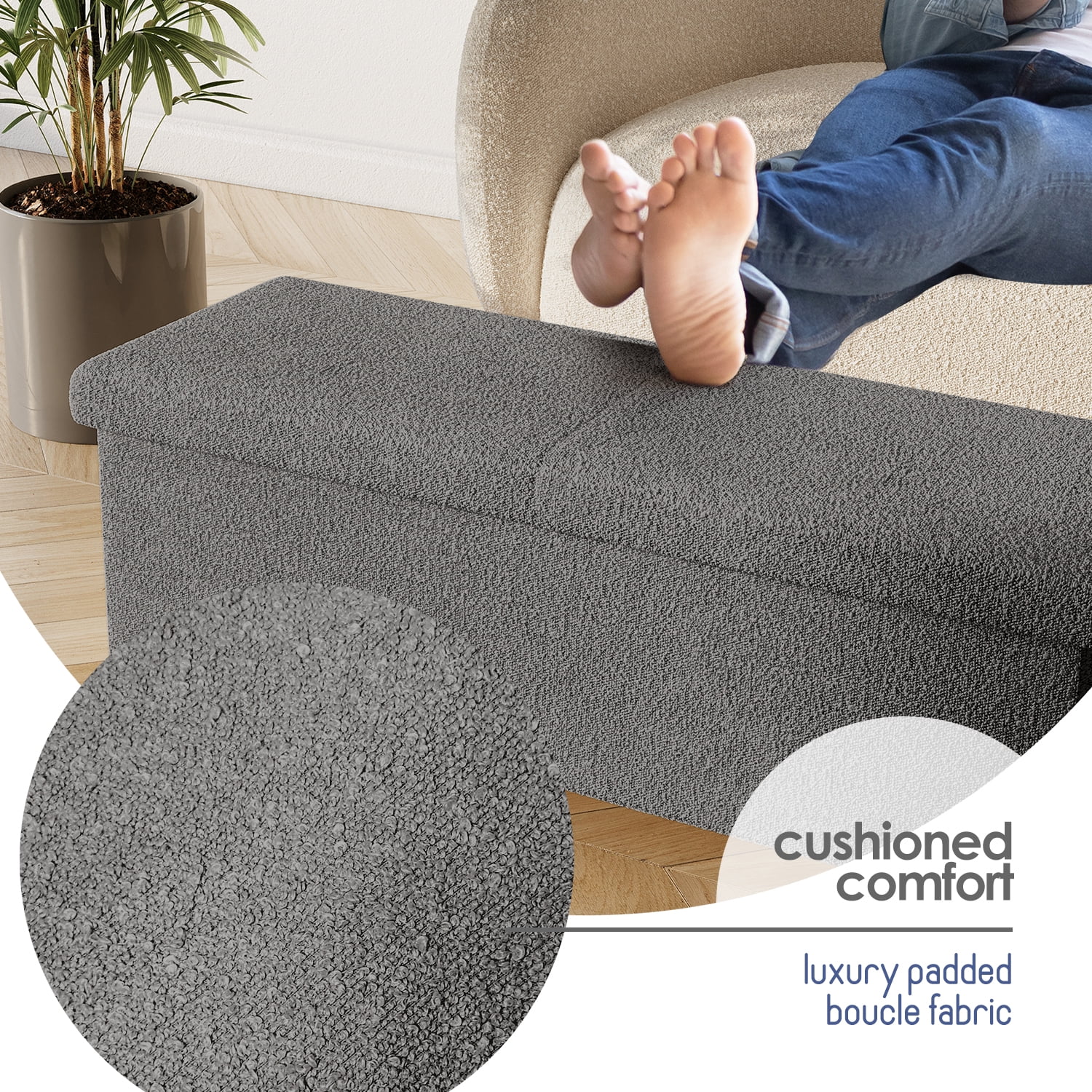 Hearth & Harbor Storage Ottoman Bench, Boucle 43" Ottoman with Storage , Grey