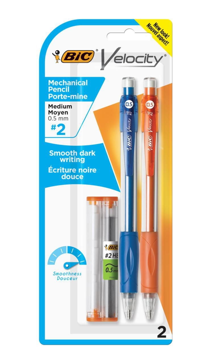 BIC Velocity Original Retractable Mechanical Pencil, Medium Point (0.9 mm)<br><br>BIC Velocity Original Retractable Mechanical Pencil, Medium Point (0.9 mm), Black, Soft Comfortable Grip, 2-Count, Pack of 2