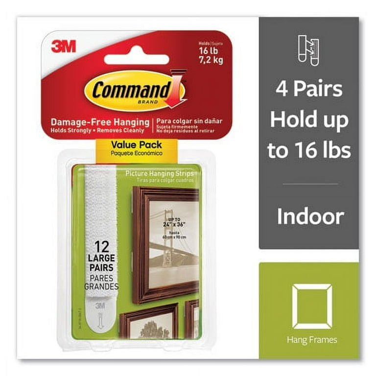 Picture Hanging Strips, Large, Removable, Holds Up to 4 lbs per Pair, 0.75 x 3.65, White, 12 Pairs/Pack Picture Hanging Strips, Large, Removable, Holds Up to 4 lbs per Pair, 0.75 x 3.65, White, 12 Pairs/Pack