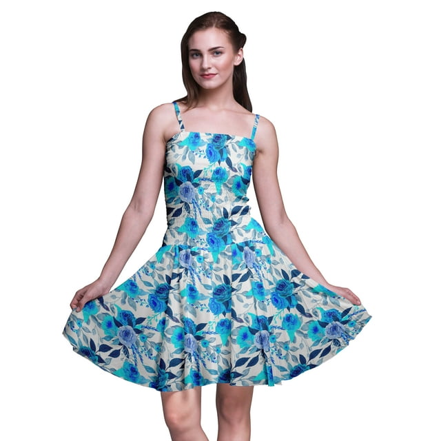 Bimba Robe Soleil Mini à Taille Smockée pour Femmes à Imprimé Floral, Tenue de Fête d'Été pour les Vacances - Petit