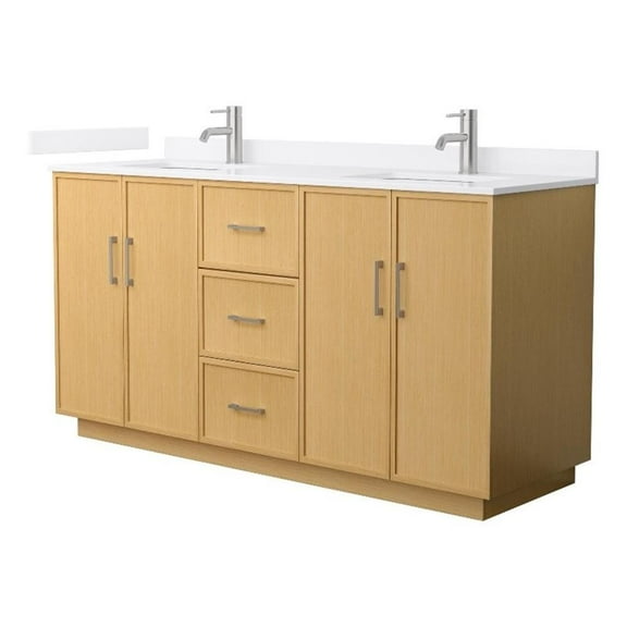 Elan TK 66" Light Oak Double Vanity White Quartz Top (1-Hole) & Nickel Trim