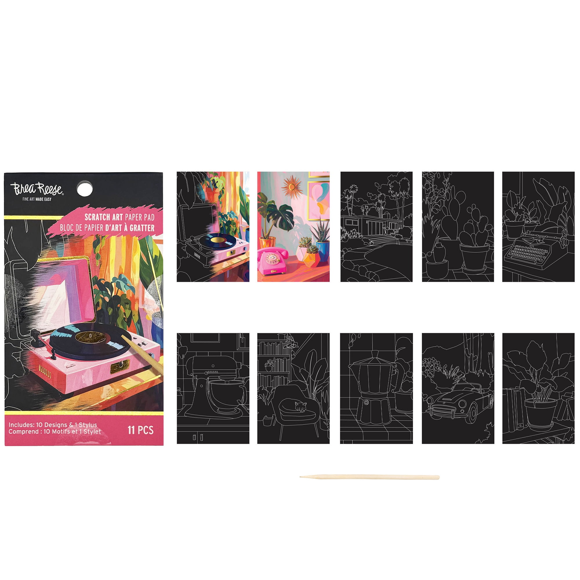 Brea Reese: Scratch Art Paper Pad 2 Pack - Beach Bum & Record Player - 20 Design Assortment, Metallic Accents, Wooden Stylus, 6x8" Pages, Adult Craft