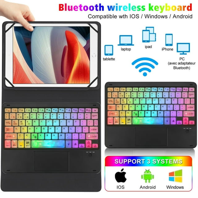 yeacher Étui Clavier Bluetooth Universel avec Pavé Tactile Rétroéclairé RVB pour Tablettes de 9 à 11 Pouces, Matériau ABS Durable, Compatibilité Multi-Appareils et Fonctionnalité de Mise en Veille/réveil Intelligente