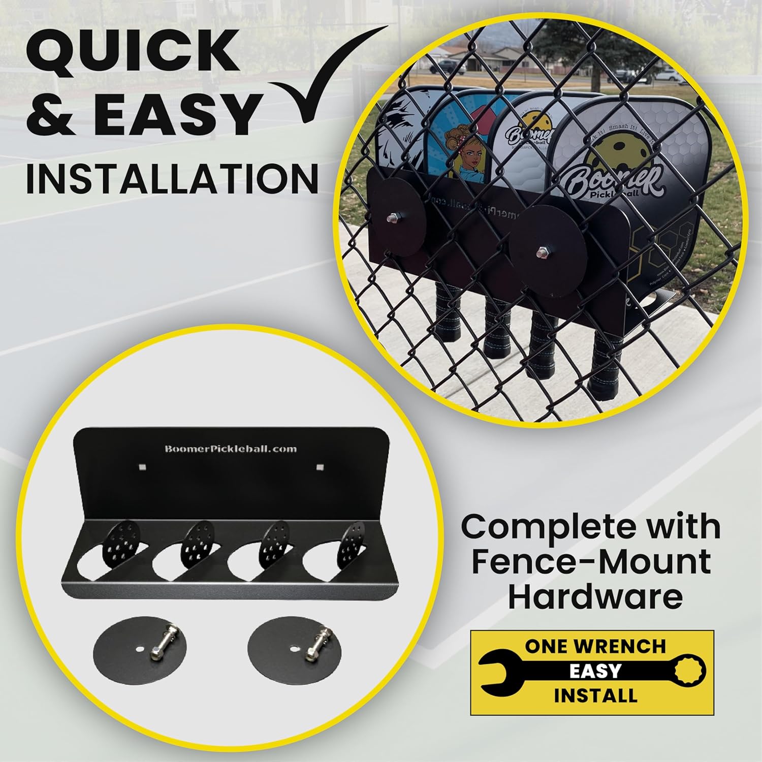 Boomer 45D Pickleball Paddle Rack, 4 Paddle Holder with 45 Degree Display, Heavy Duty Steel Court Organizer