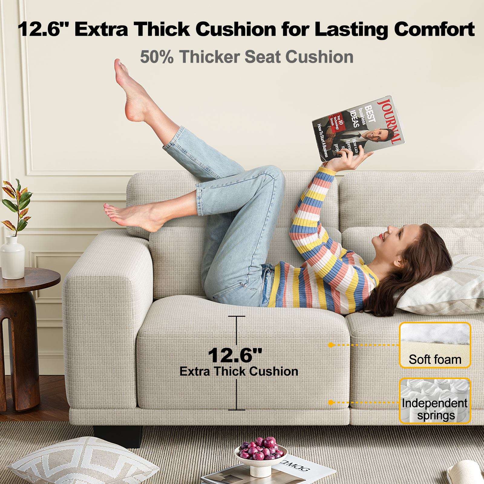 CHITOOMA 65" Loveseat Sofa for Small Spaces, Upholstered Couch with 2 Pillows and Removable Linen Cover, Deep Seat Sofa with Wide Armrests for Living Room, Bedroom, or Office, White