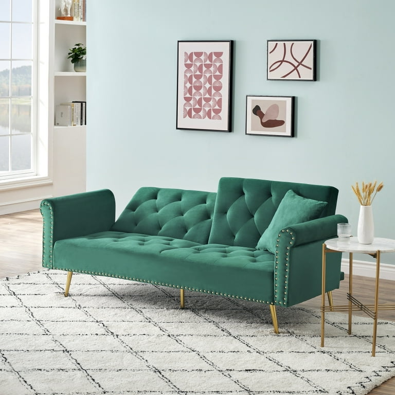 Velvet Futon Sofa Bed with 5 Golden Metal Legs Sleeper Sofa Couch