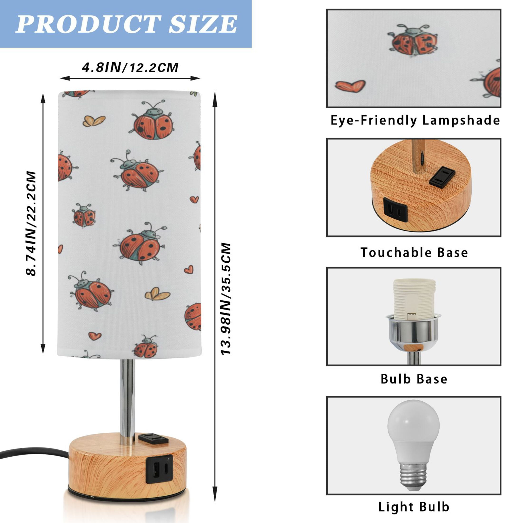 Touch-Control 3-Color Desk Lamp with Plug – Energy-Saving LED + 3 Simultaneous Charging Ports Ladybugs Pattern