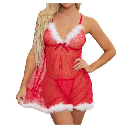 

Hxroolrp Lingerie for Womens Christmas Festival Red Hollow Lingerie Thong Set Nightdress Underwear