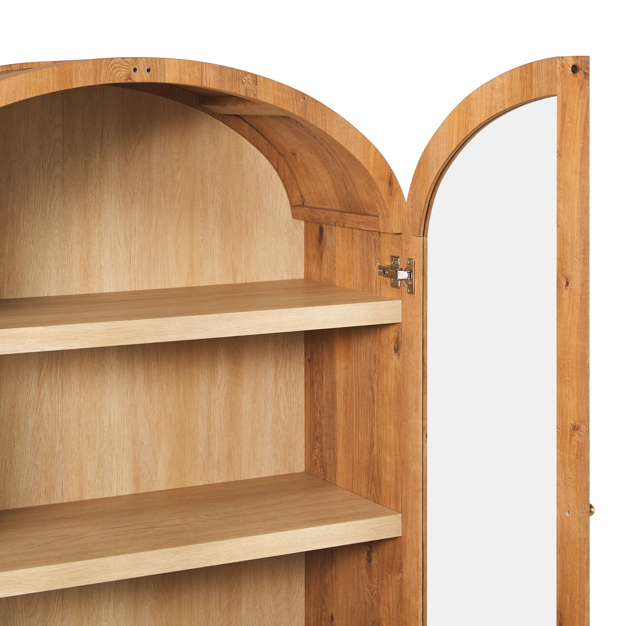 Walker Edison Modern Arched Bookshelf Tall Glass Door Cabinet with Inner Drawers, English Oak