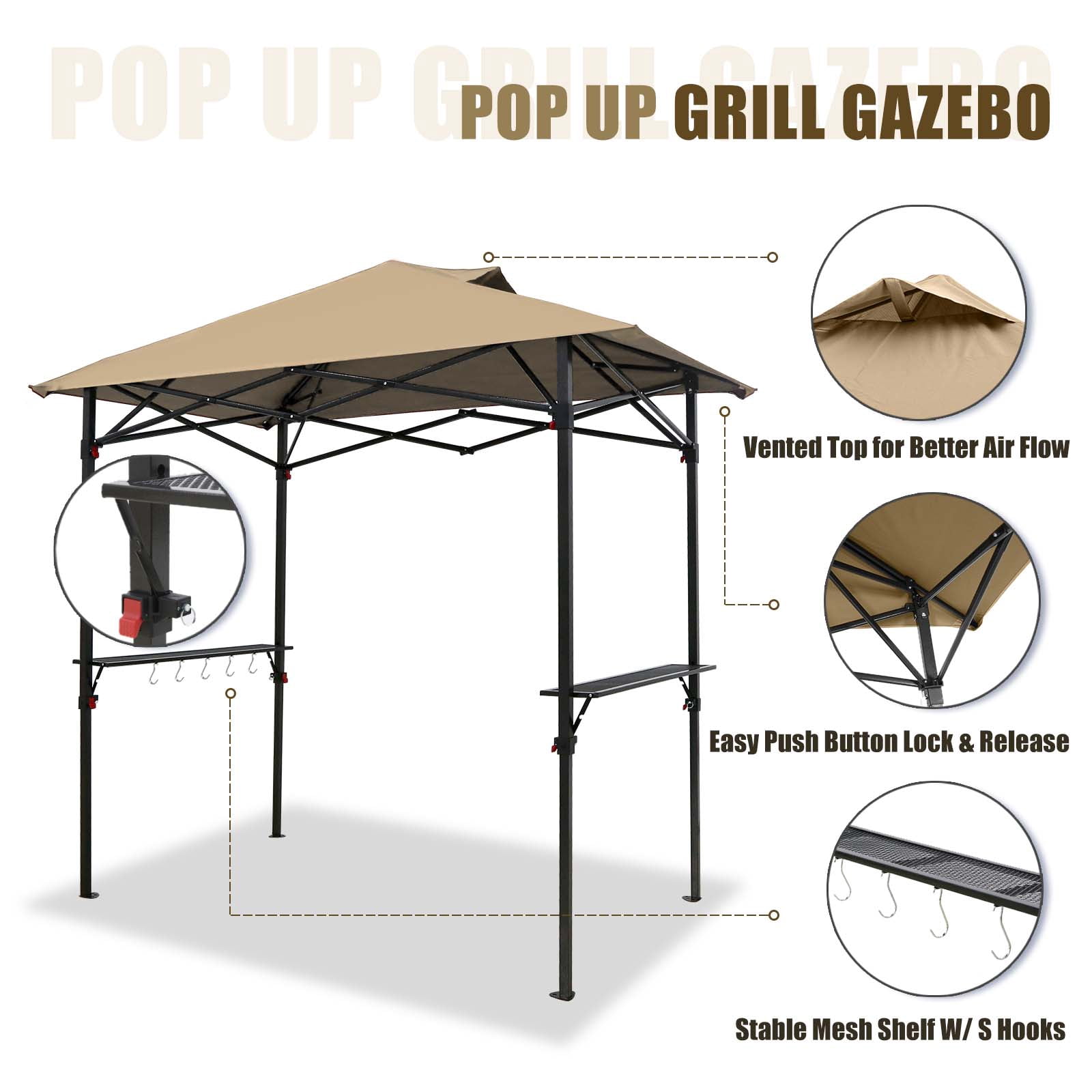 EAGLE PEAK Pop Up 8' x 5' Grill Gazebo, Instant Outdoor BBQ Canopy, Beige
