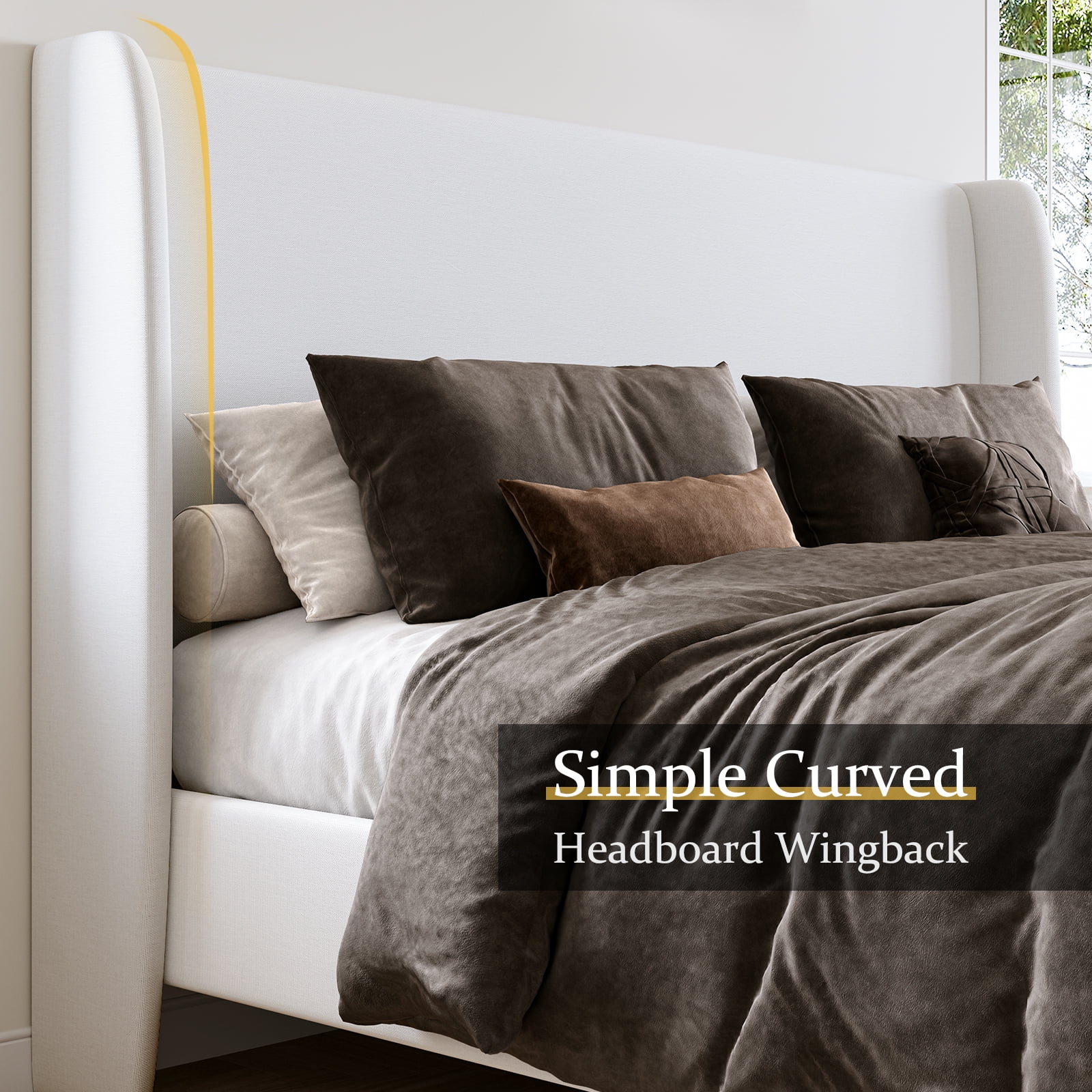 Merluxy 51.2" Queen Bed Frame with High Headboard,Upholstered,No Box Spring Required,White