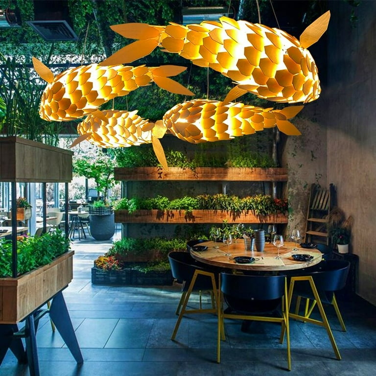 DRL9373WA Light Lantern Fish Shaped Handmade Wood Ceiling Pendant Lamp 23.6x9.8in