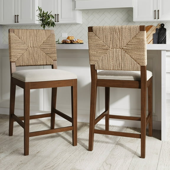 Nathan James Beacon Bohemian Boucle Bar Stool, Upholstered Bar Stool or Island Chairs for Kitchen, Seagrass Counter Height Stool with Back and Solid Wood Legs, Cream Boucle/Dark Brown, Set of 2