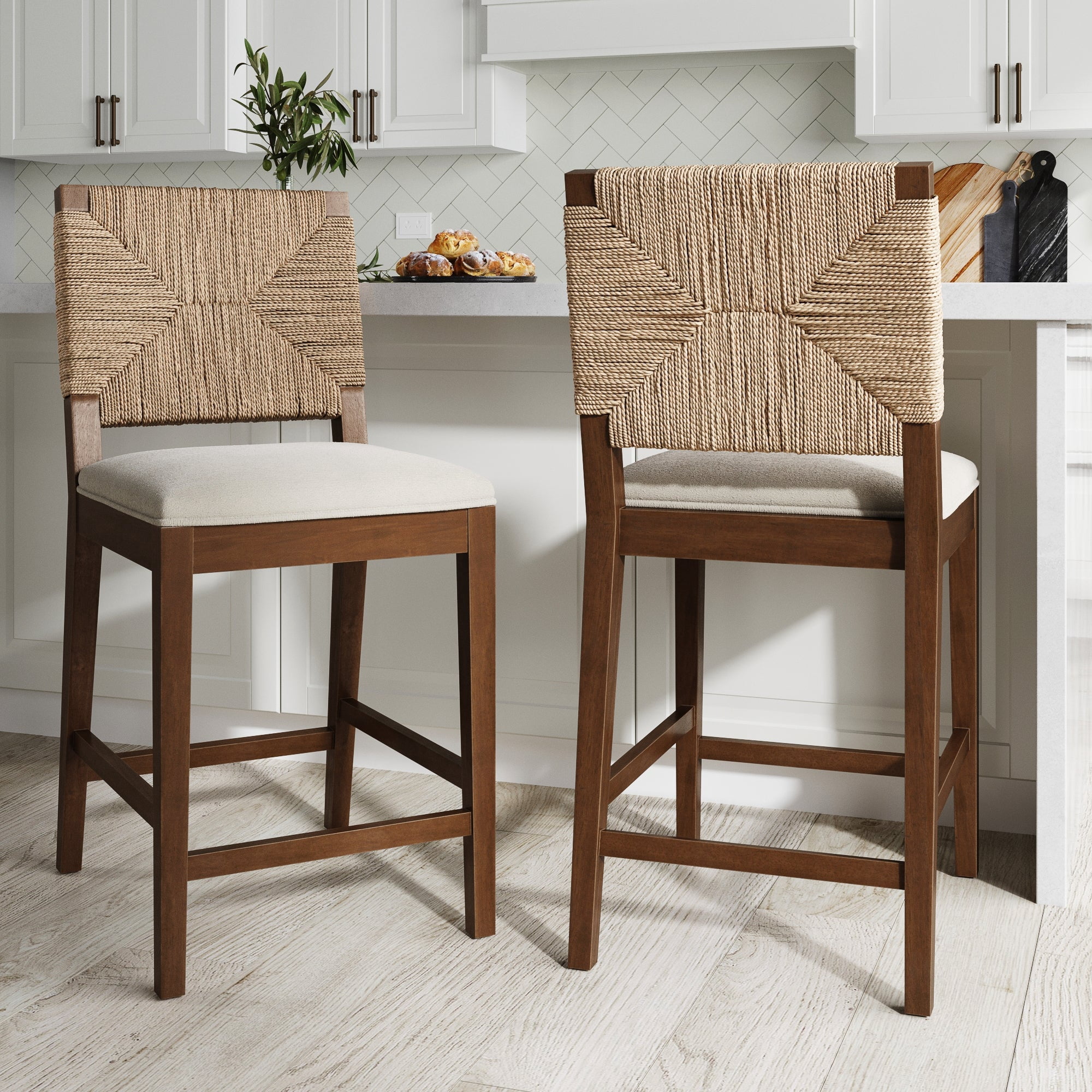 Nathan James Beacon Bohemian Boucle Bar Stool, Upholstered Bar Stool or Island Chairs for Kitchen, Seagrass Counter Height Stool with Back and Solid Wood Legs, Cream Boucle/Dark Brown, Set of 2