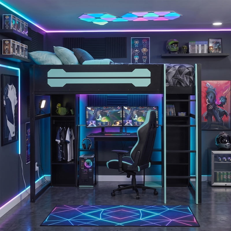 Full Size Wooden Gaming Loft Bed with Desk, RGB LED Lights, USB Charging Station, Wardrobe and Storage Cabinets, Space-Saving Loft Bed Frame with Workstation for Bedroom