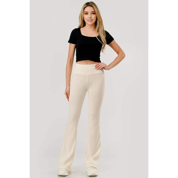 High Waist Waffle Textured Fleece Lined Flare Pants - Cream