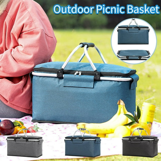 Bolsa térmica aislada de 30 litros con marco de aluminio | Cesta de picnic plegable para acampar, playa, barbacoa, viajes | Doble cremallera, EPE y forro de aluminio ecológico | Fácil de limpiar