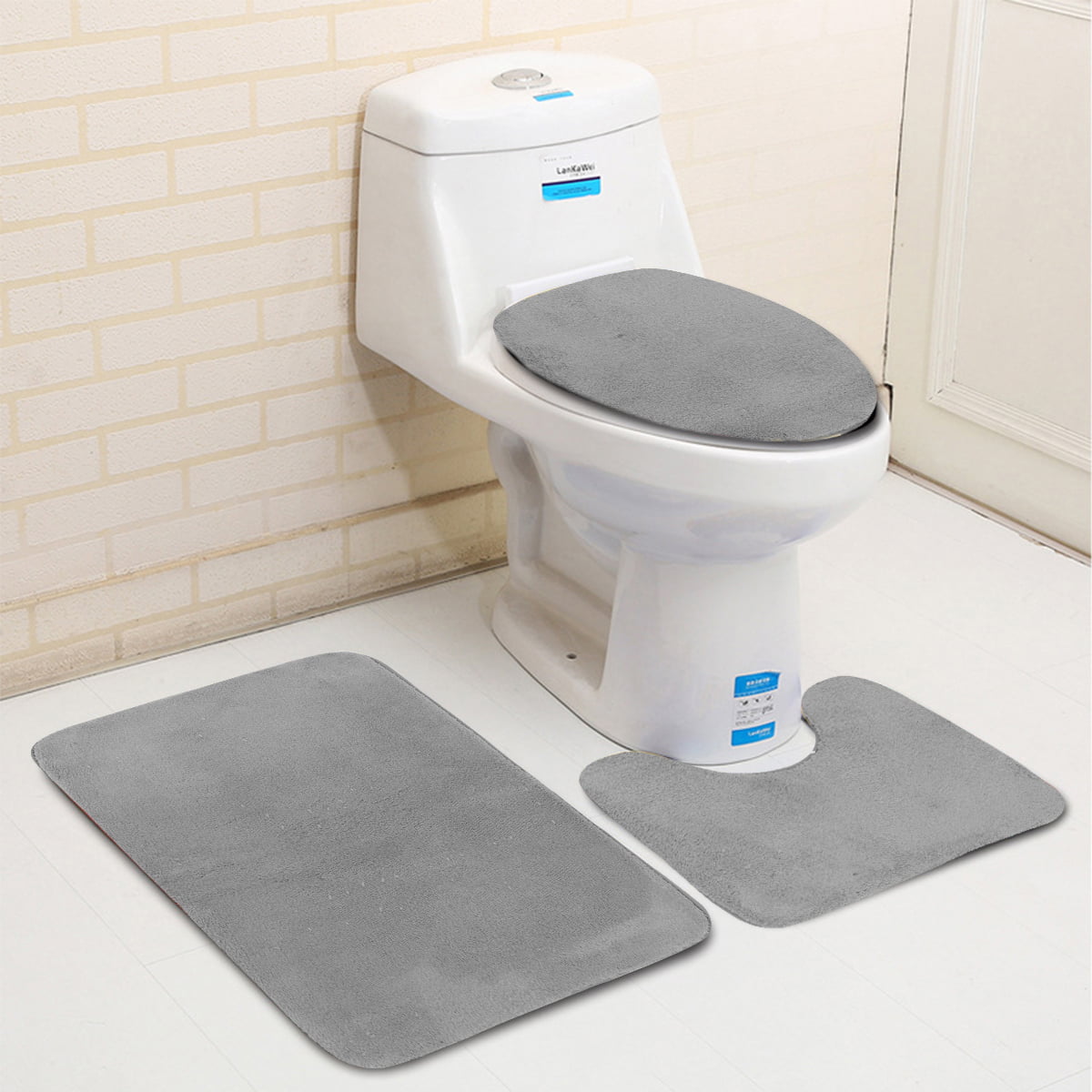 Three Pcs Bathroom Rug Non Slip Pedestal Lid Toilet Cover Bath Mat Washable Set 
