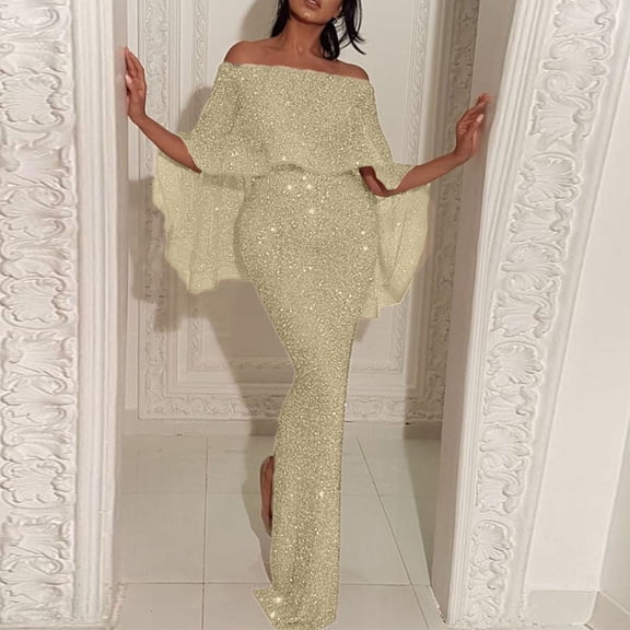 Blmnix Sequin Dress Ladies Dresses Off The Shoulder Peplum Prom Dress Dress 3/4 Sleeve Maxi Gold Boat Neck Casual Summer Dress,S
