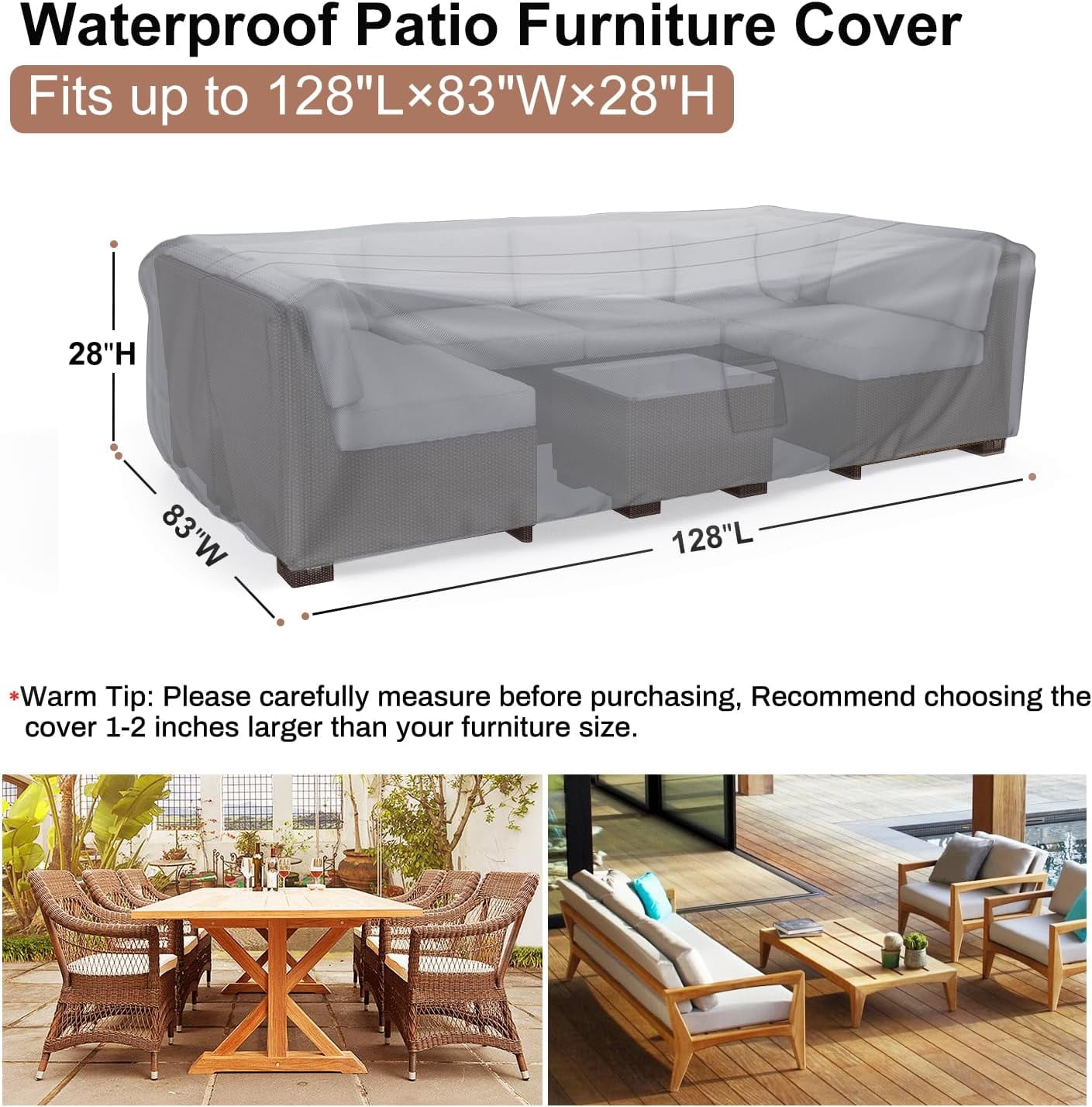 Waterbb Heavy Duty Patio Furniture Covers, Outdoor Furniture Covers Waterproof Sectional Sofa Set , Patio Table and Chair Set Cover 128"L×83"W×28"H,Grey