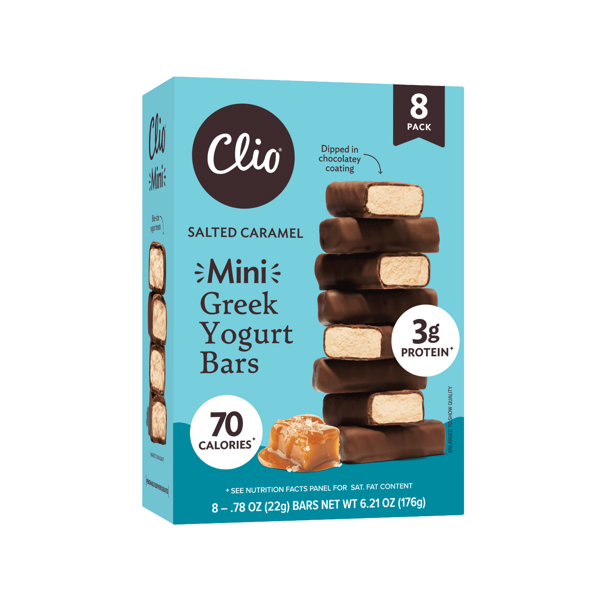 Clio Salted Caramel Greek Yogurt Mini Bar in Chocolatey Coating, 0.78 oz, 8 Ct