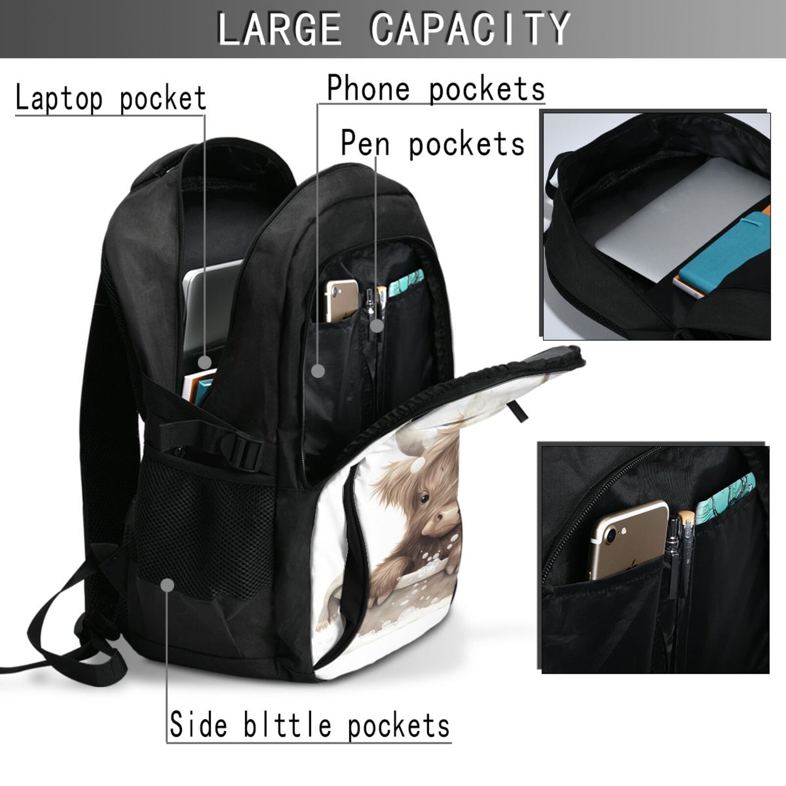 Horeoi Cute Cow Bath Print USB Backpack for Travel School Work with Laptop Compartment Charging Port and Anti-Theft Pocket