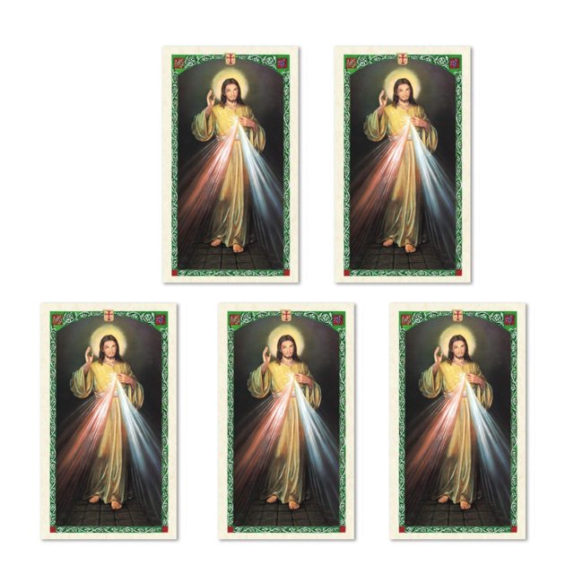 Holly Lines FivePack Divine Mercy Image Laminated Holy Cards with Full Chaplet Pack of Five Detailed Color Divine Mercy Holy Prayer Cards with St Faustinas Chaplet Prayer for Religious Gifts