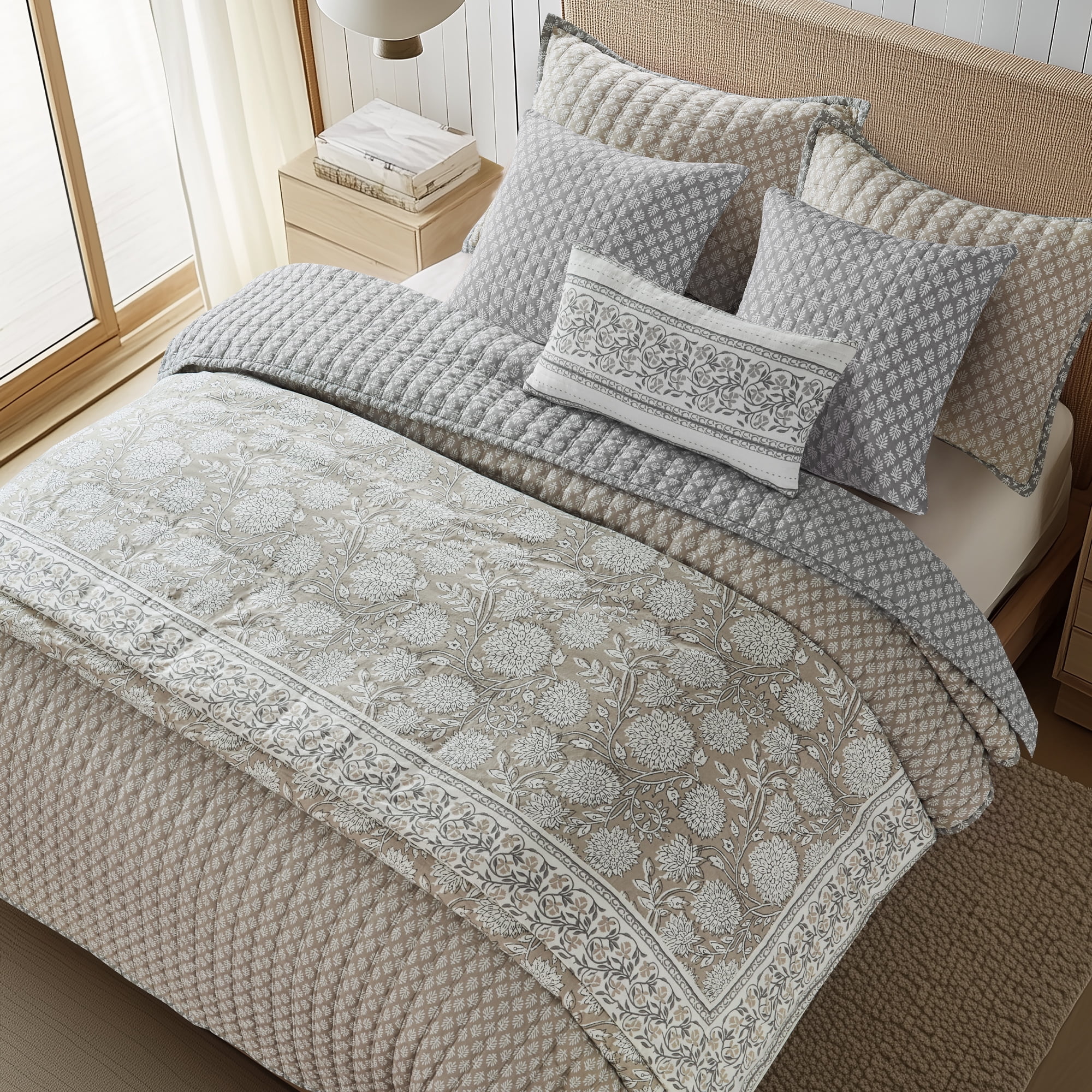 Levtex Home - Adare Taupe Duvet Cover Set - King Duvet Cover + Two King Pillow Cases - Bordered Floral - Taupe Grey and Cream - Duvet Cover (106 x 94in.) and Pillow Case (36 x 20in. ) - Cotton