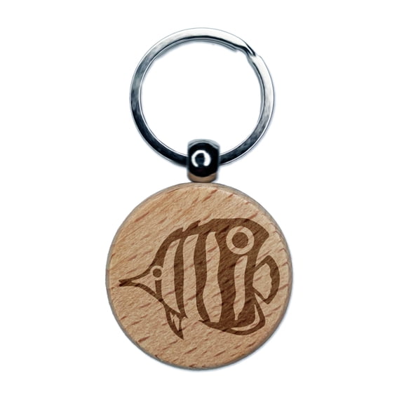 Butterfly Fish Round Keychain Charm Tag - Engraved Wood