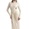 thumbnail image 3 of Women'S Elegant Slim-Fit Long Dress with High Neck, Long Sleeves & Pleated Backless Detail Light M, 3 of 9