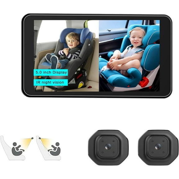 Baby Car Camera Monitor,5-Inch Display,Two Infrared Night Vision Cameras,360-Degree Adjustable,Split-Screen Display